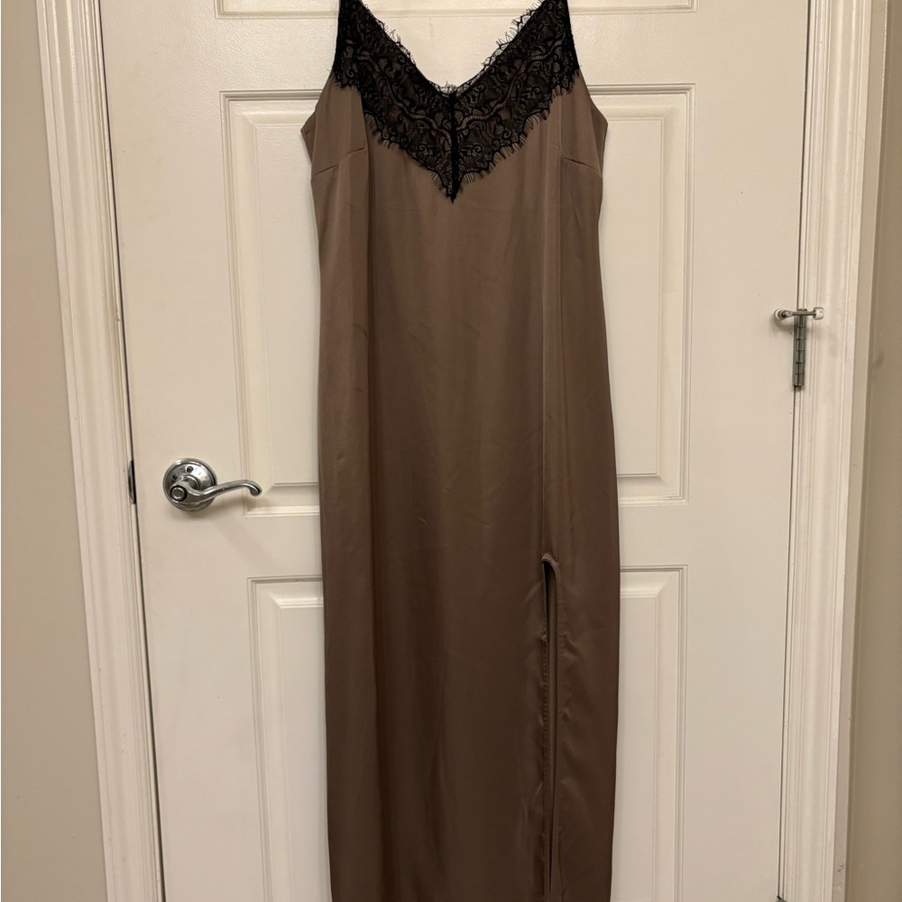 Olive Drab Slip Dress with Black Lace Trim